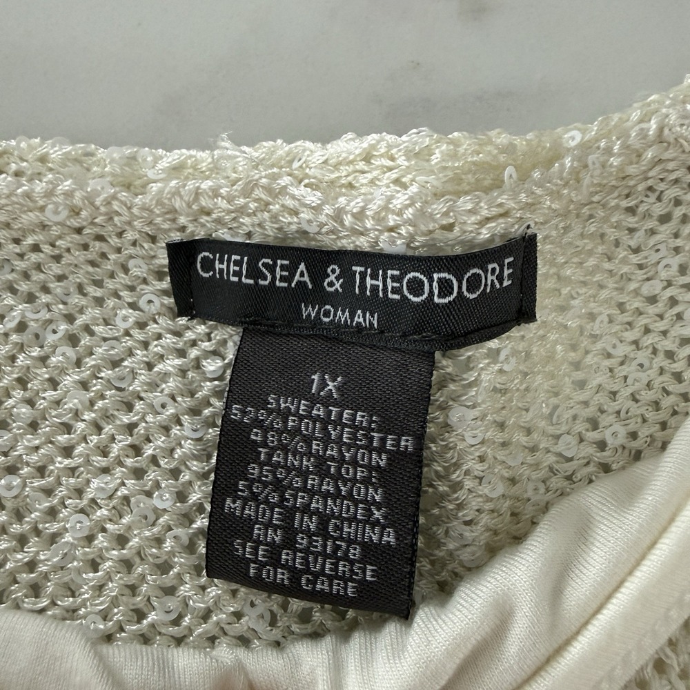 Chelsea & Theodore Layered Sequin Knit Sweater Sz 1X White Curved Elevated Basic - Picture 7 of 11